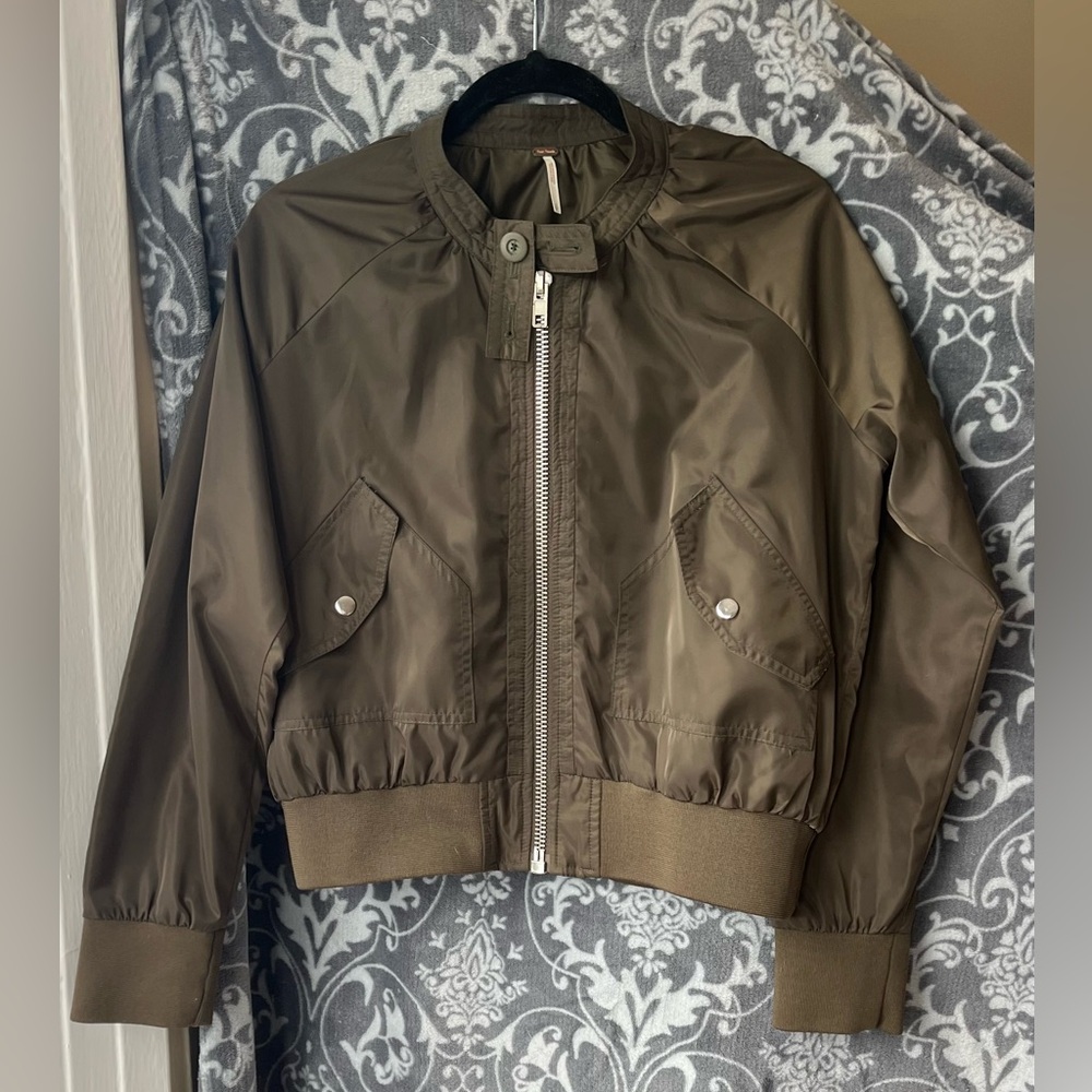 Free People Midnight Bomber Jacket Satin Olive Moss Green Zip Up Pockets Size S